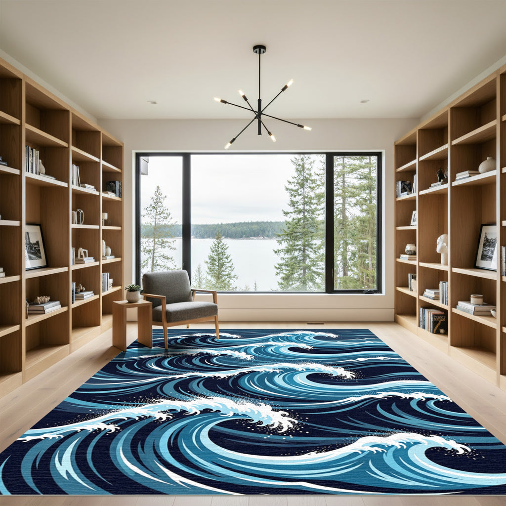 Vivid Blue Dynamic Ocean Waves Rug