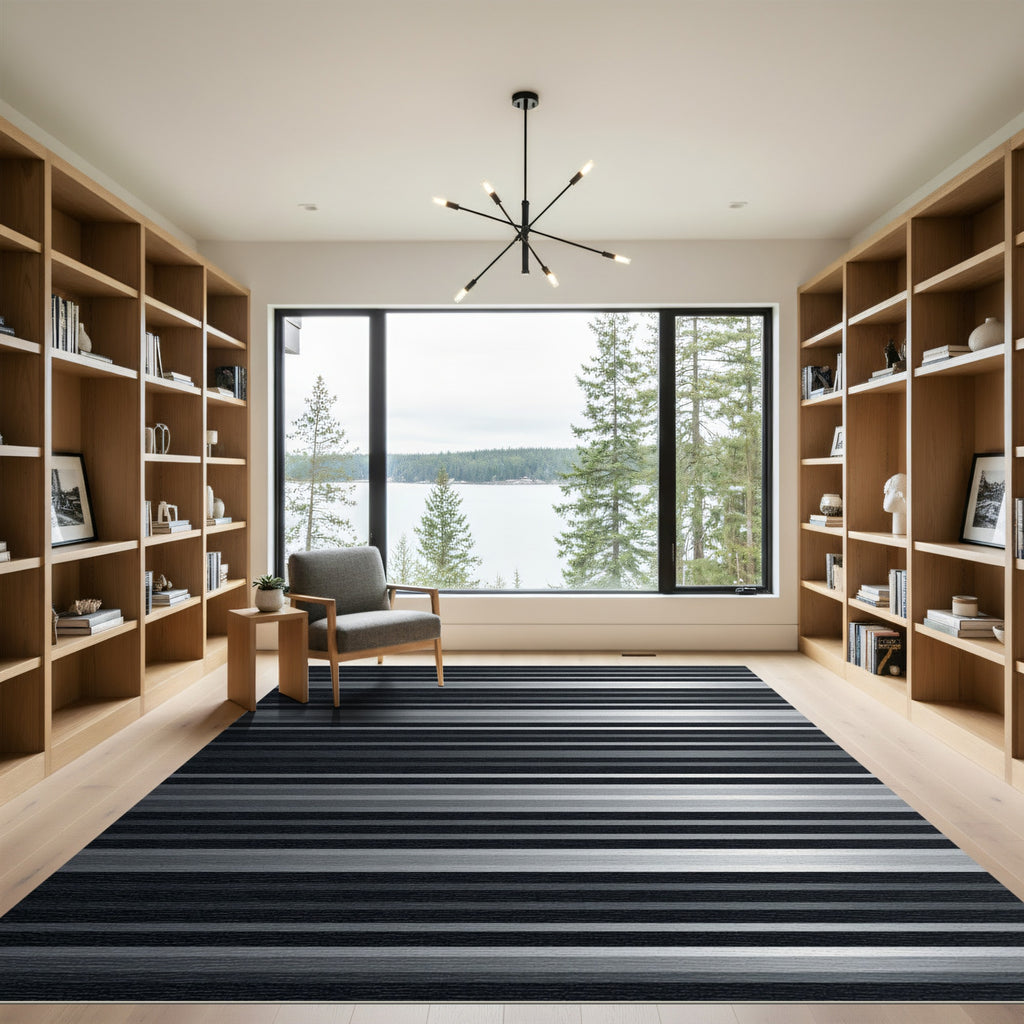 Minimalist Silver and Black Linear Striped Rug