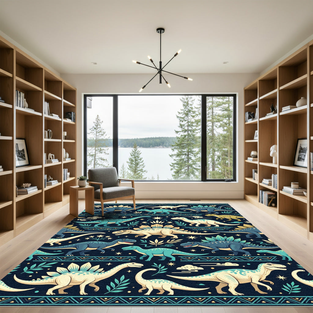 Dino Forest Navy Teal Playful Rug
