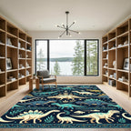 Dino Forest Navy Teal Playful Rug