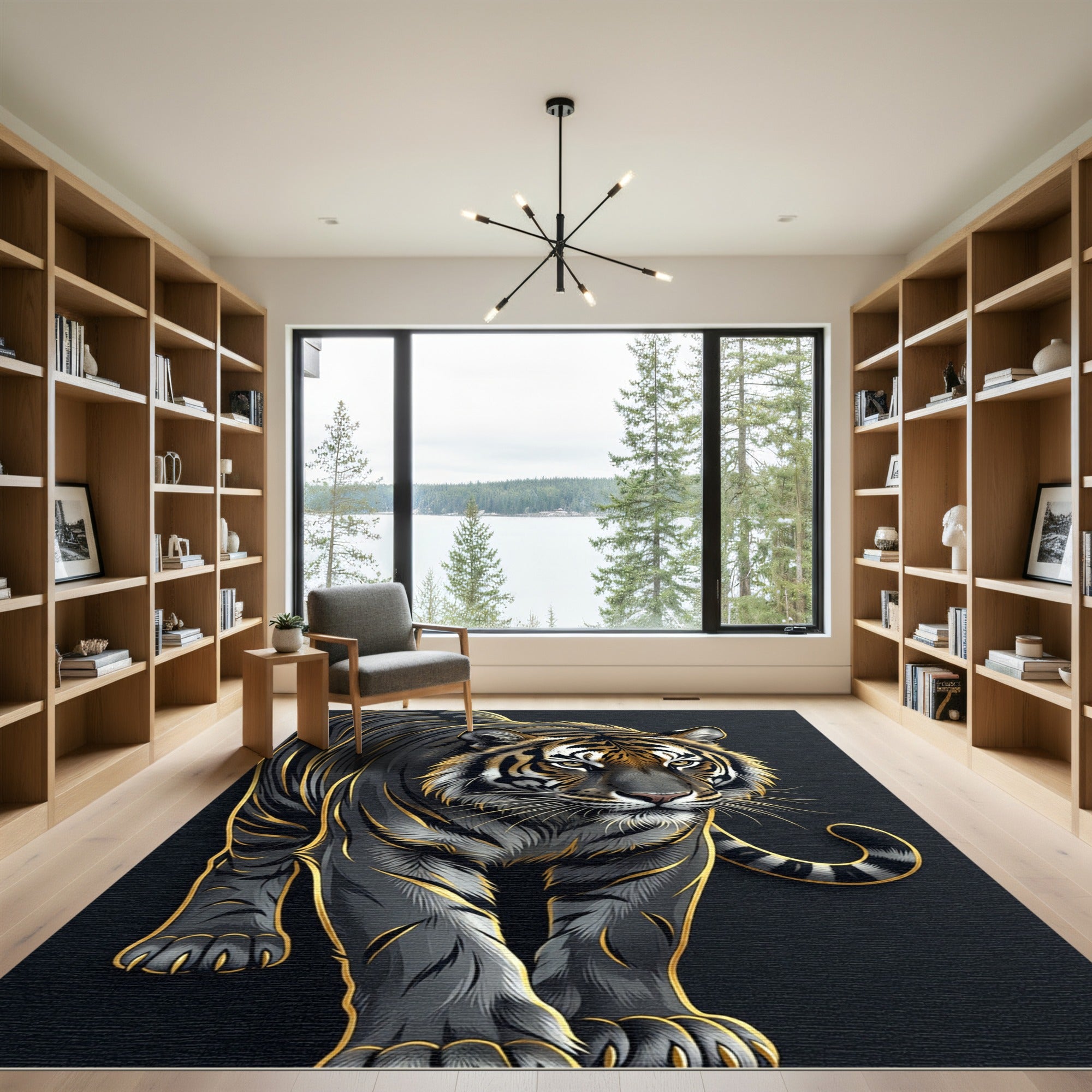 Majestic Charcoal Tiger with Golden Accents Rug