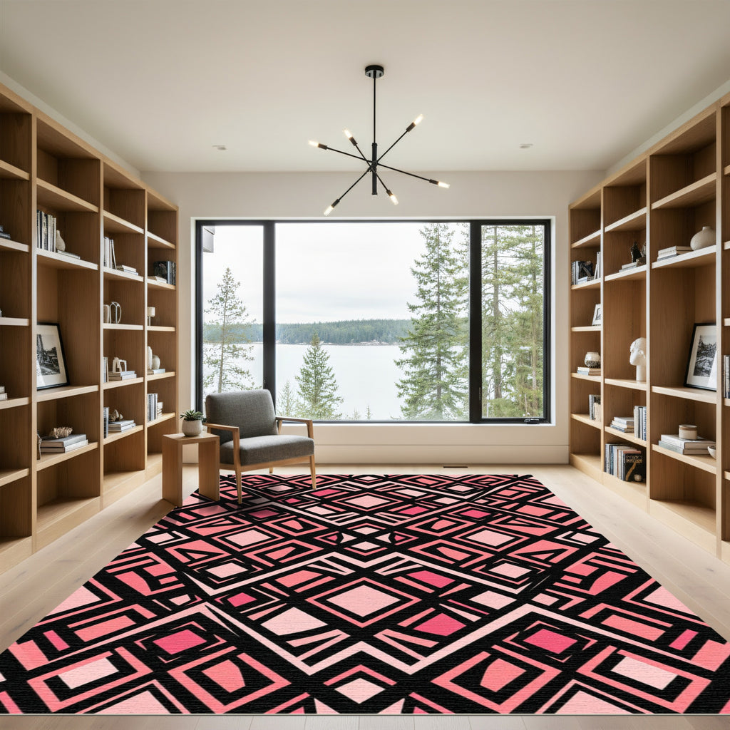 Blush Pink Geometric Diamond Grid Rug