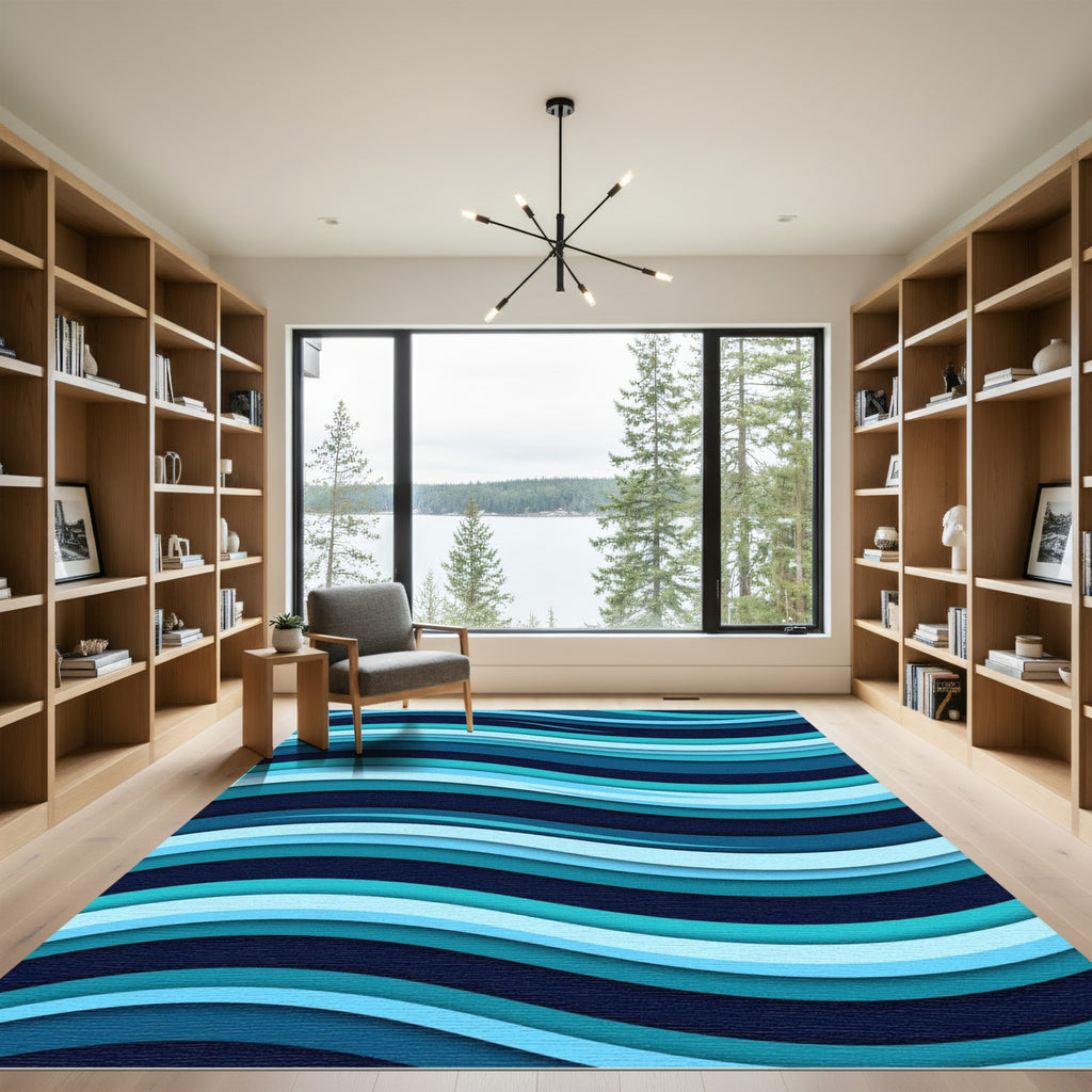 Modern Teal and Navy Wavy Layered Rug