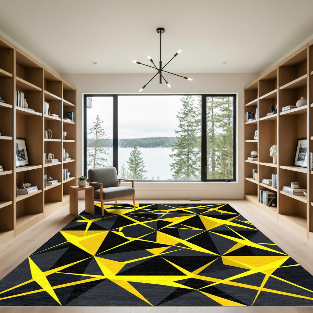 Geometric Yellow and Black Angular Abstract Rug