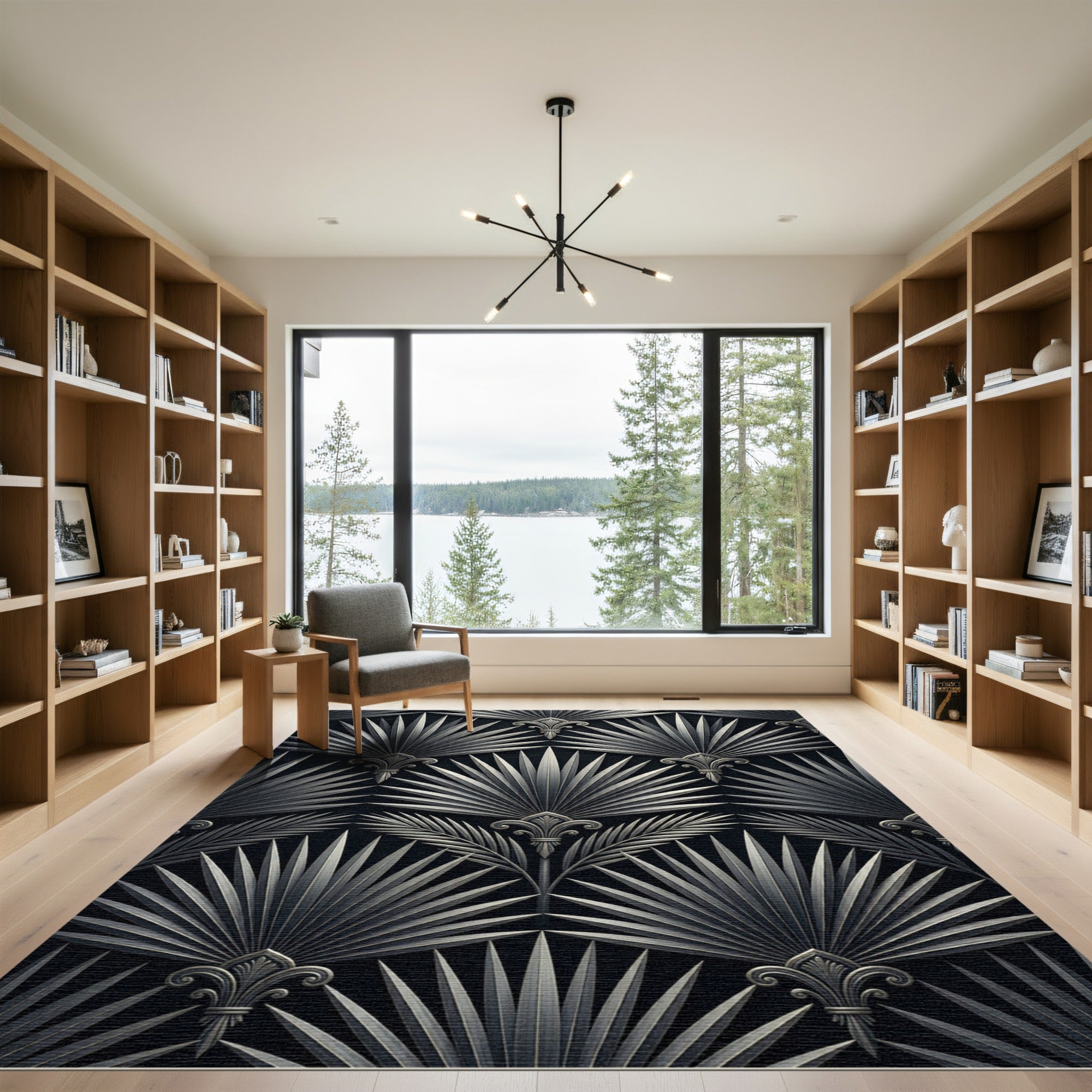 Sophisticated Metallic Silver Art Deco Fan Rug