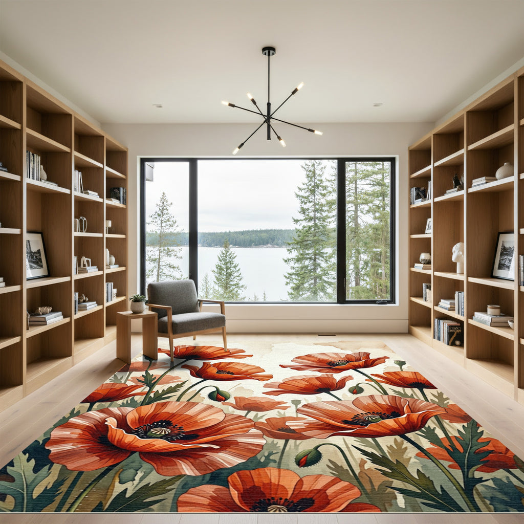 Vibrant Orange Poppy Flower Landscape Rug