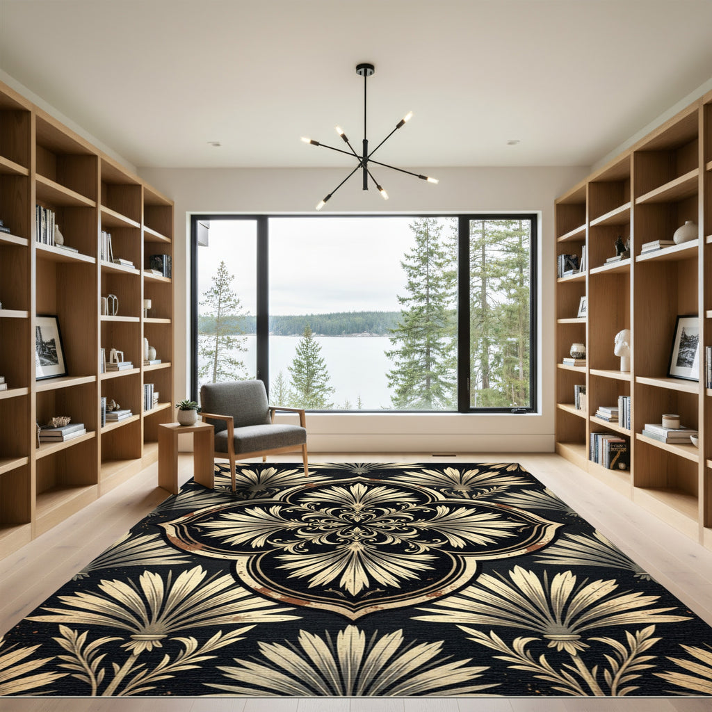 Black and Gold Floral Damask Medallion Rug
