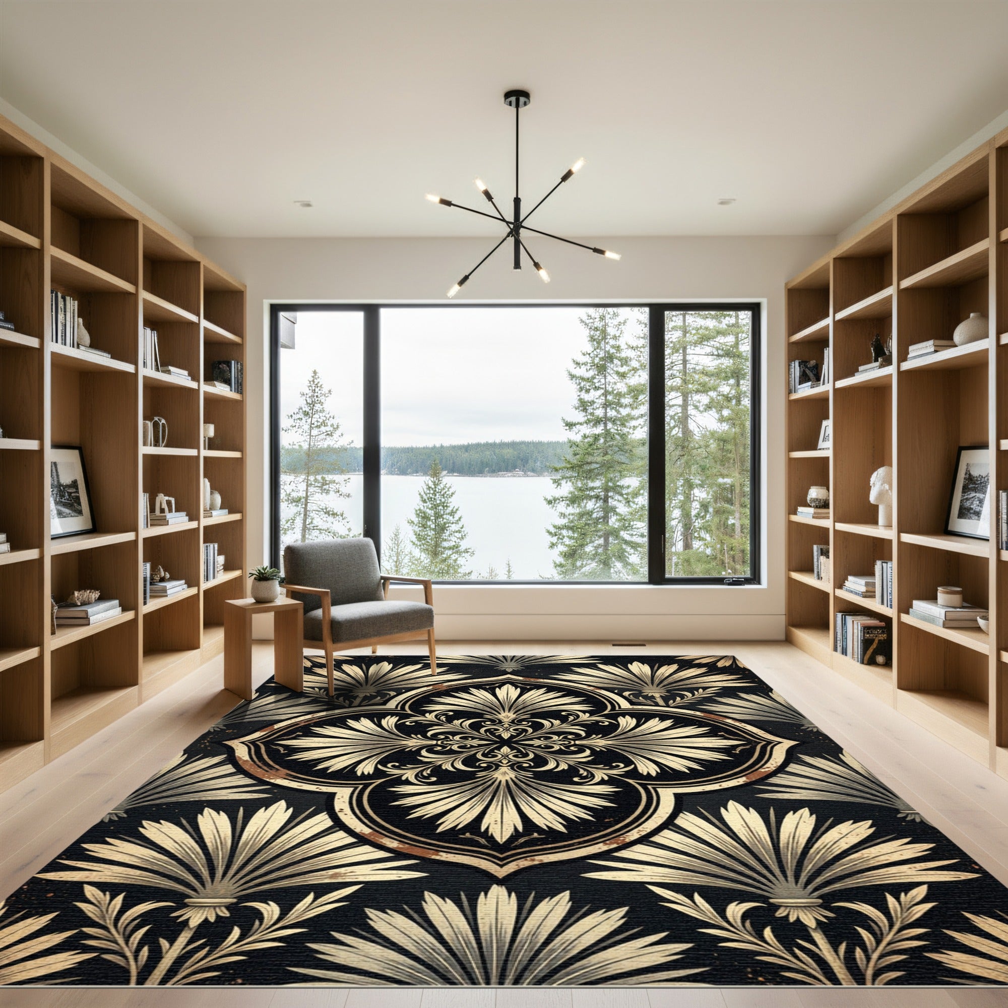 Black and Gold Floral Damask Medallion Rug