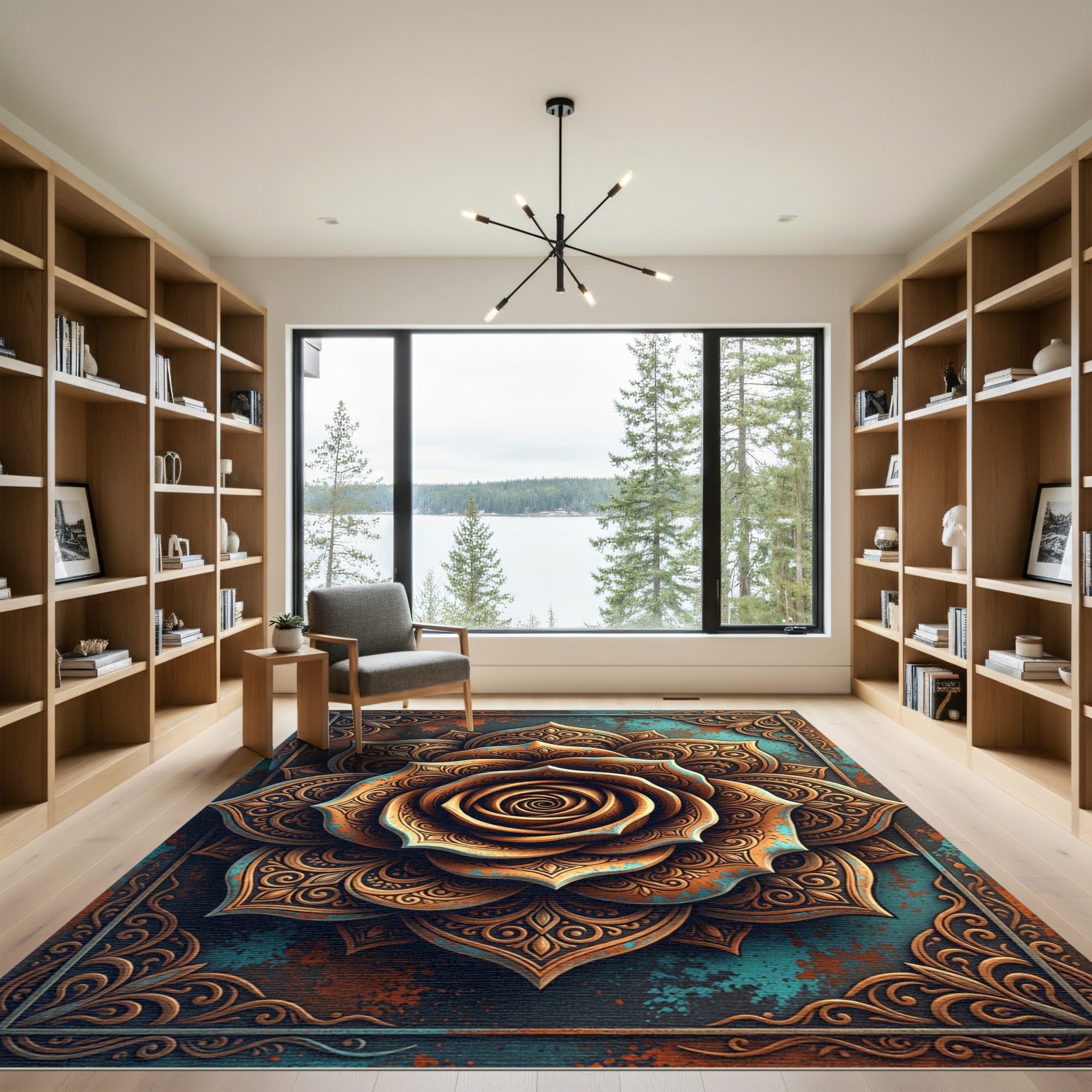 Ornate Metallic Bronze Floral Mandala Rug