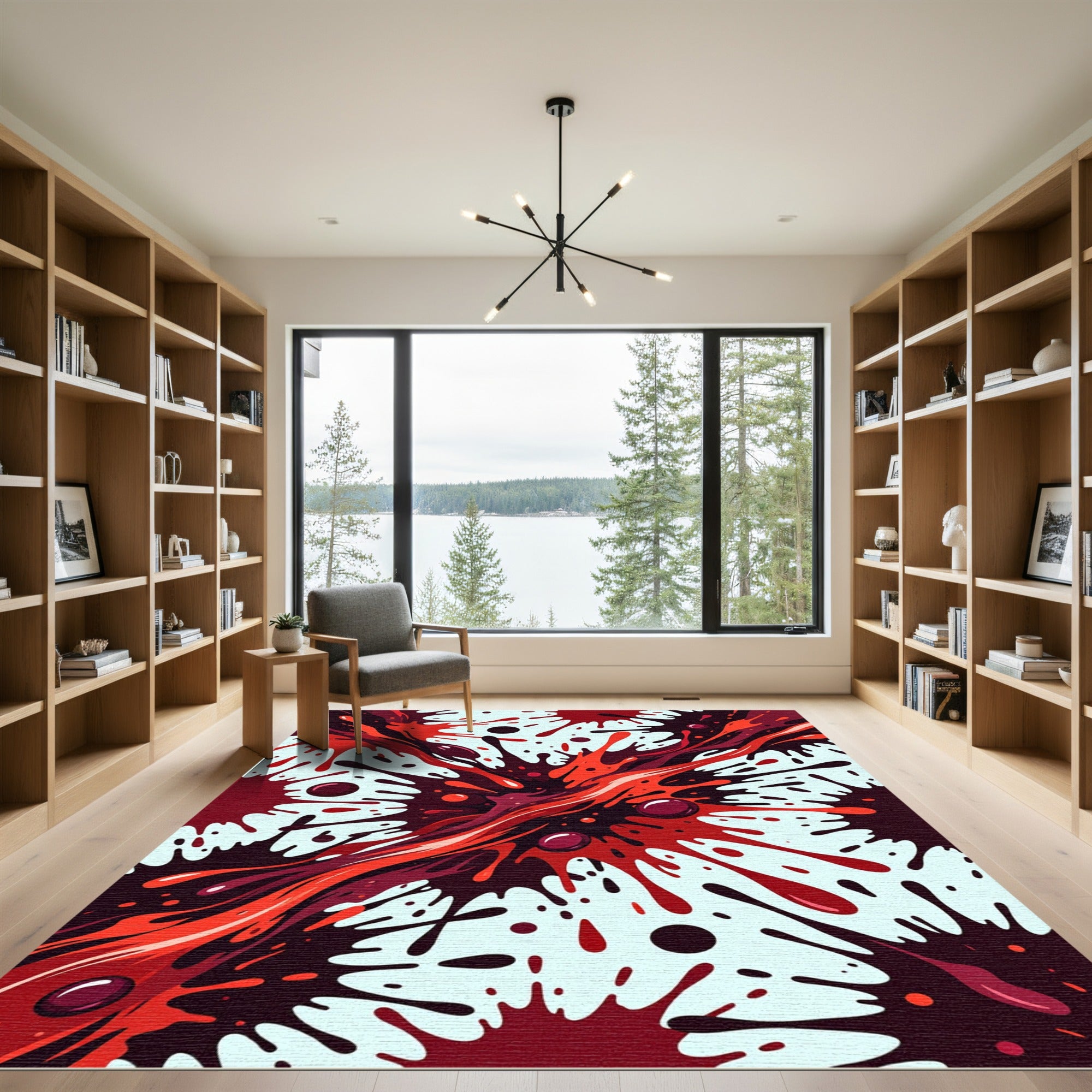 Vibrant Crimson Abstract Ink Splash Rug