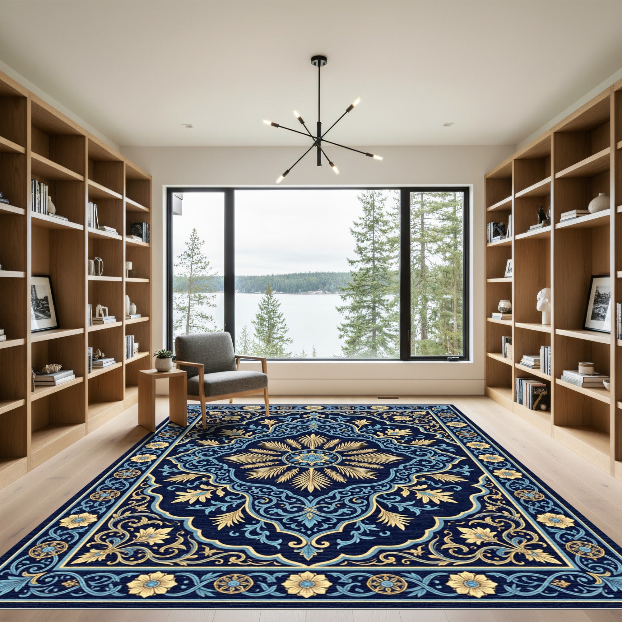 Navy Golden Blue Floral Medallion Rug