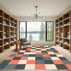 Mid-Century Geometric Coral Gray Grid Rug