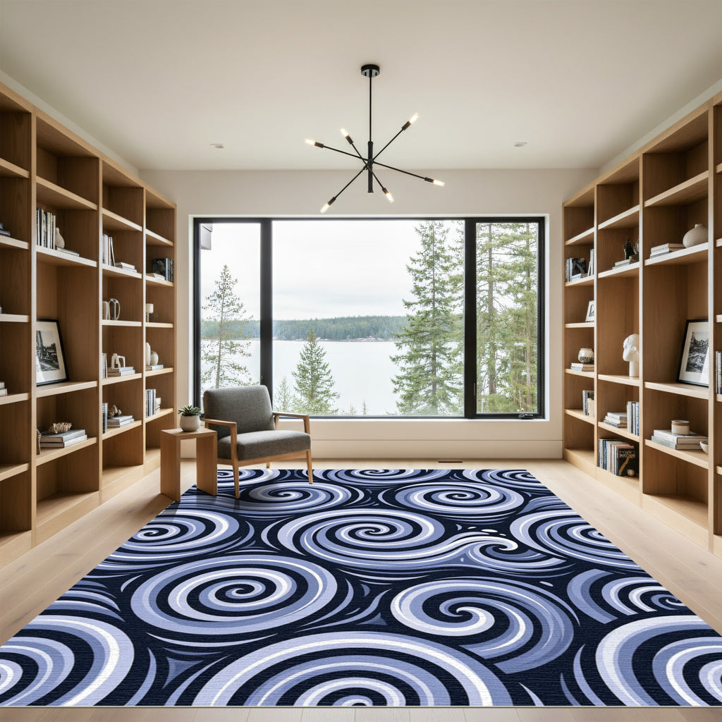 Deep Blue Swirl Wave Composition Rug