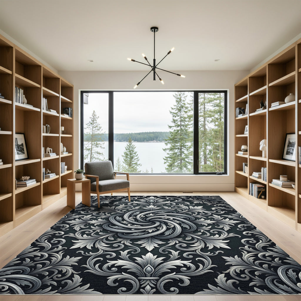 Ornate Silver Scrollwork Swirl Rug