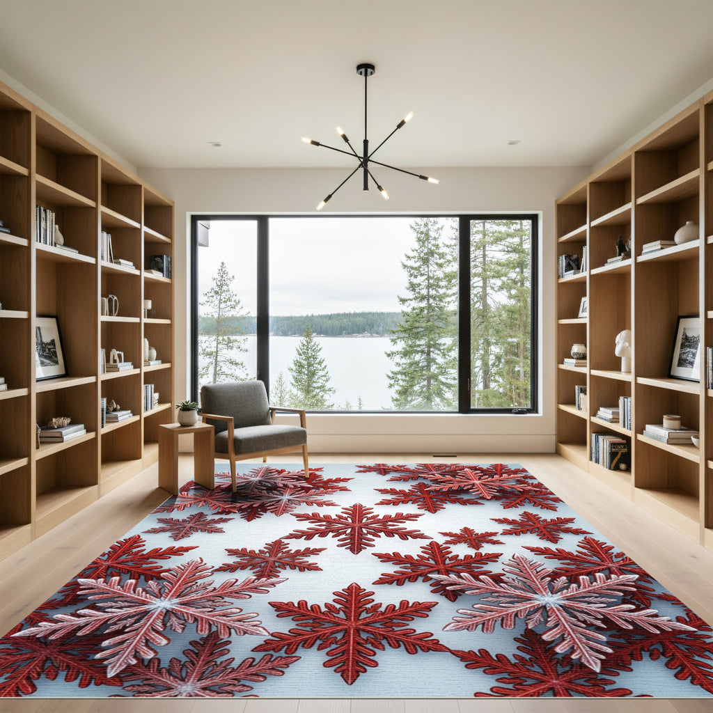 Crimson Snowflakes Scattered Festive Rug