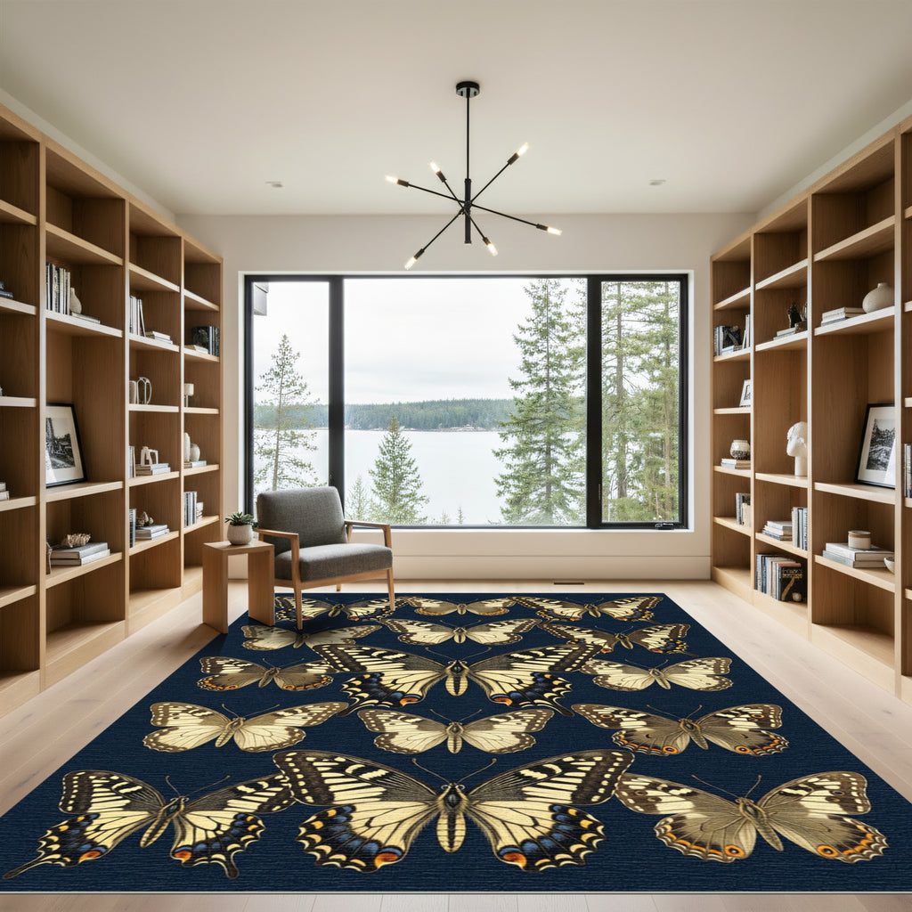 Vintage Navy Butterfly Botanical Field Rug
