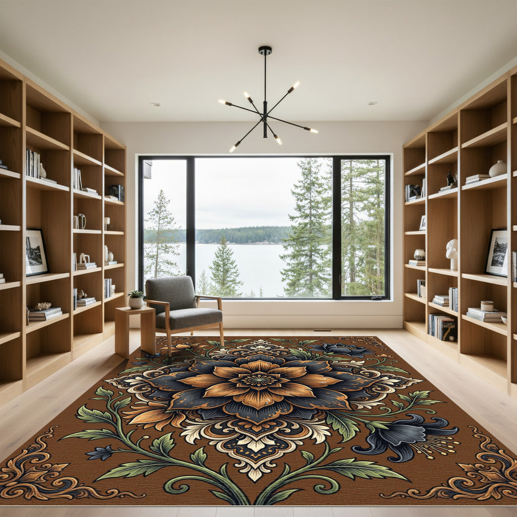 Ornate Golden Floral Dark Medallion Rug