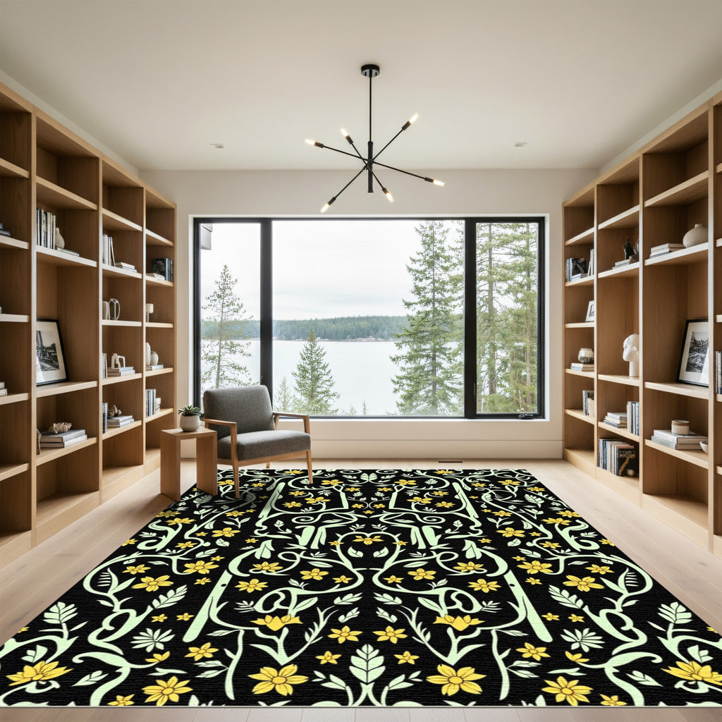 Yellow Floral Vine Scroll Black Rug