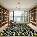 Yellow Floral Vine Scroll Black Rug