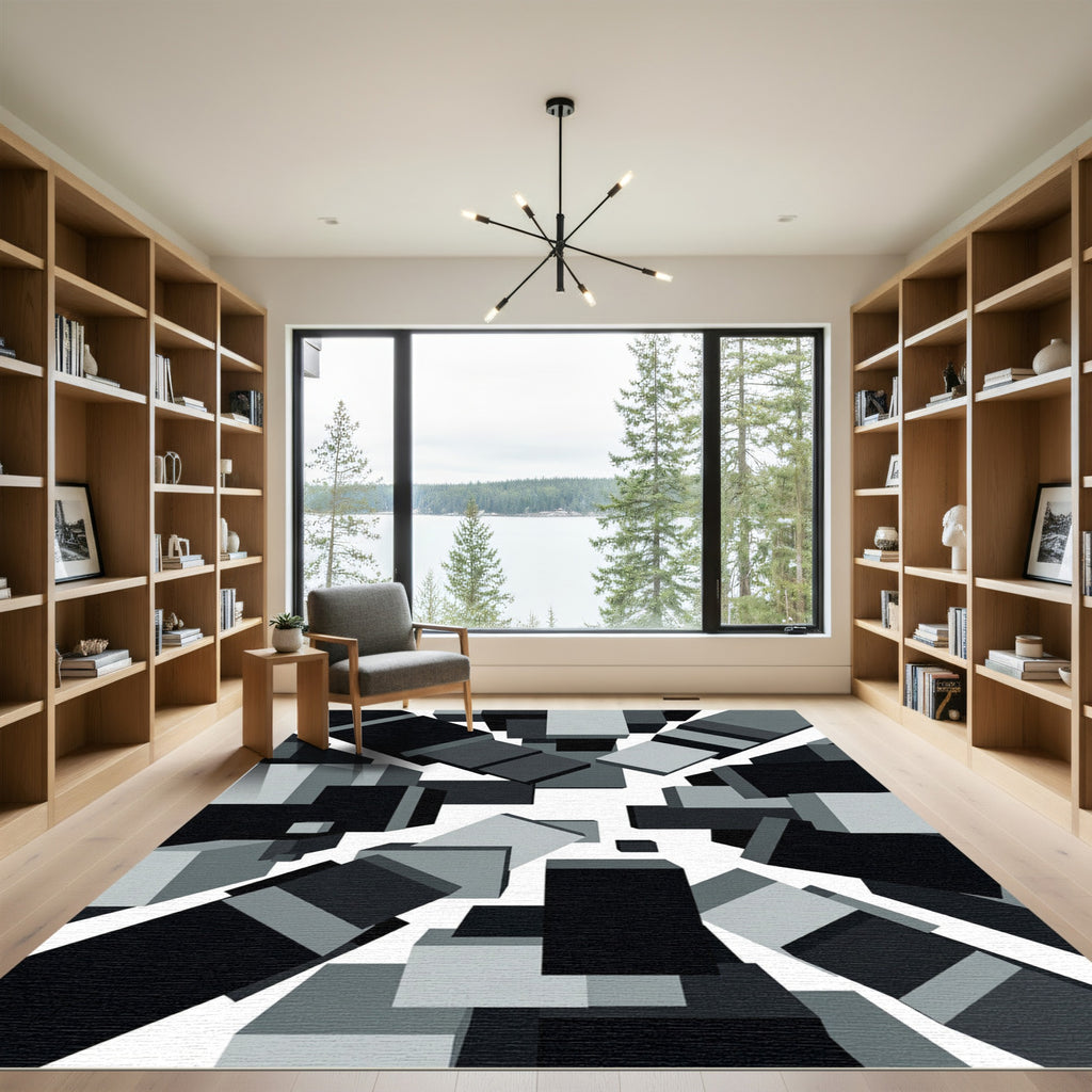 Monochrome Abstract Geometric Cubic Composition Rug