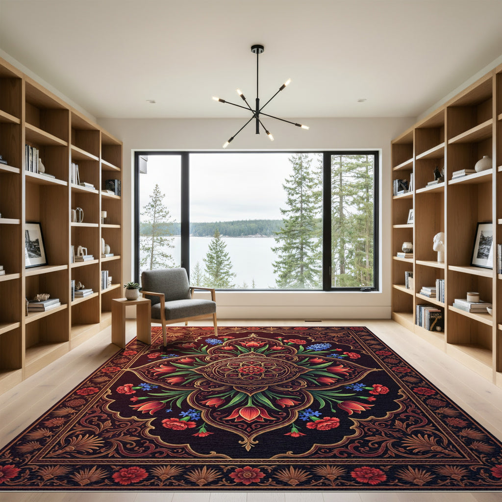 Crimson Red Floral Medallion Aubergine Rug