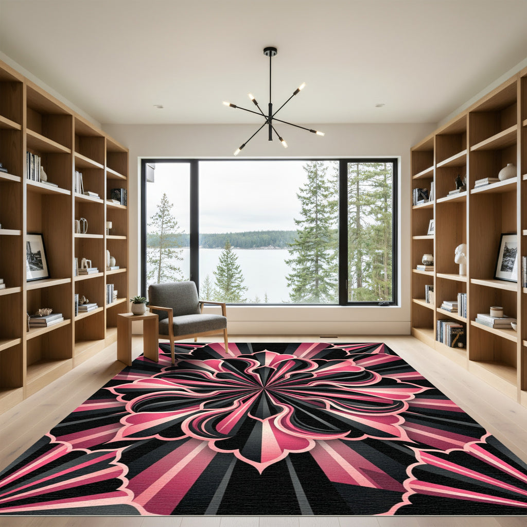 Modern Black and Pink Floral Medallion Rug