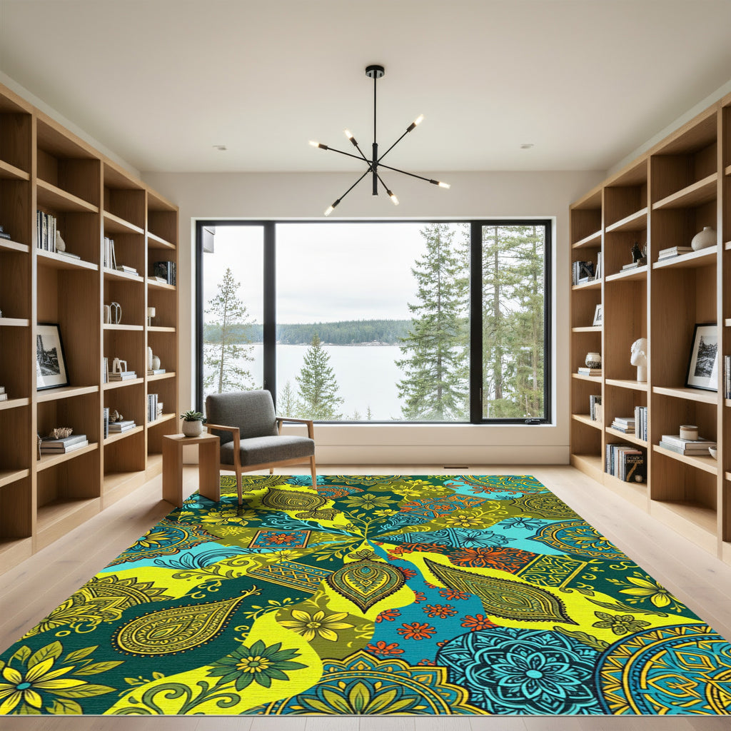 Vibrant Teal Yellow Paisley Patchwork Rug