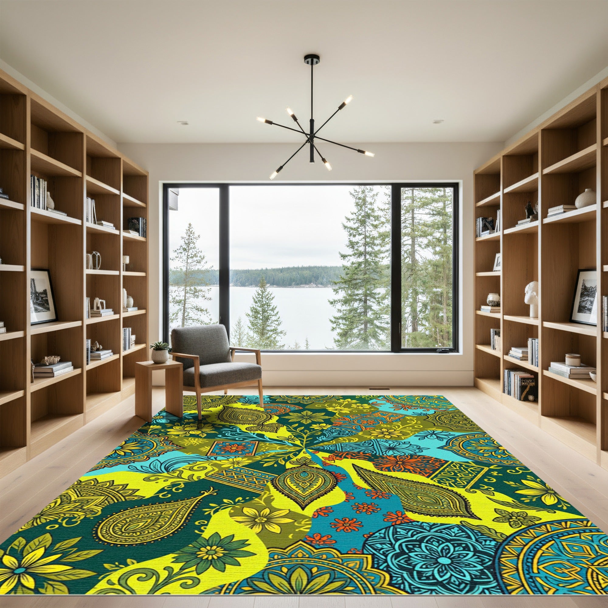 Vibrant Teal Yellow Paisley Patchwork Rug