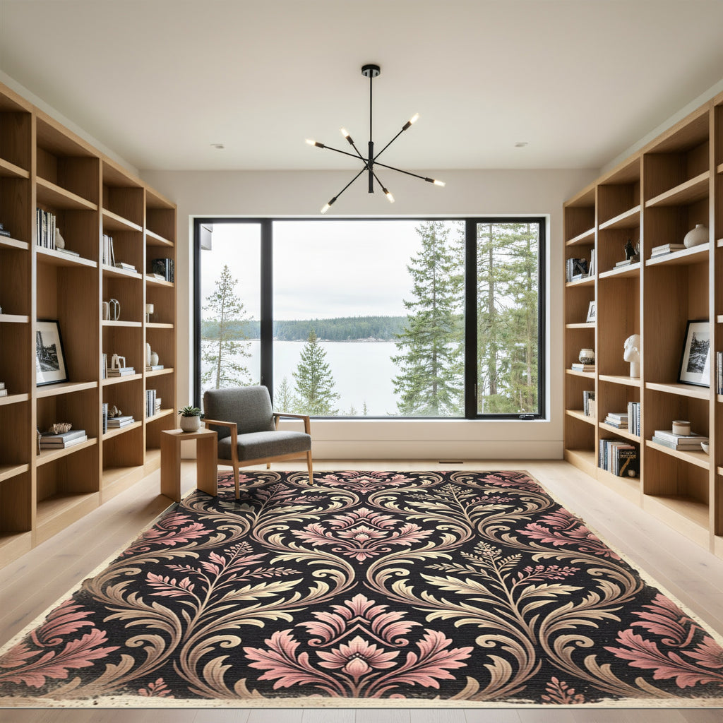 Rosy Pink Black Floral Damask Rug