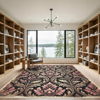 Rosy Pink Black Floral Damask Rug