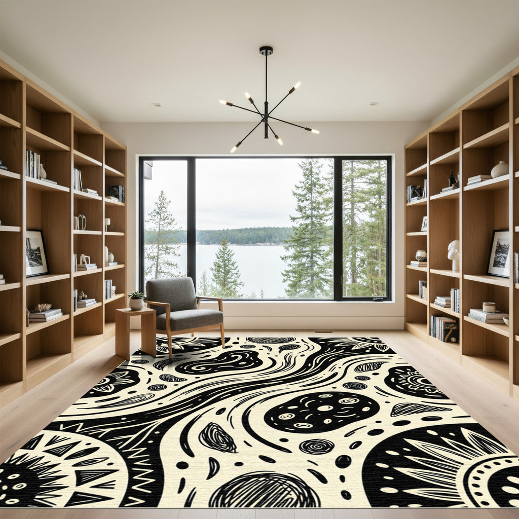 Cream Black Tribal Sunburst Swirl Rug