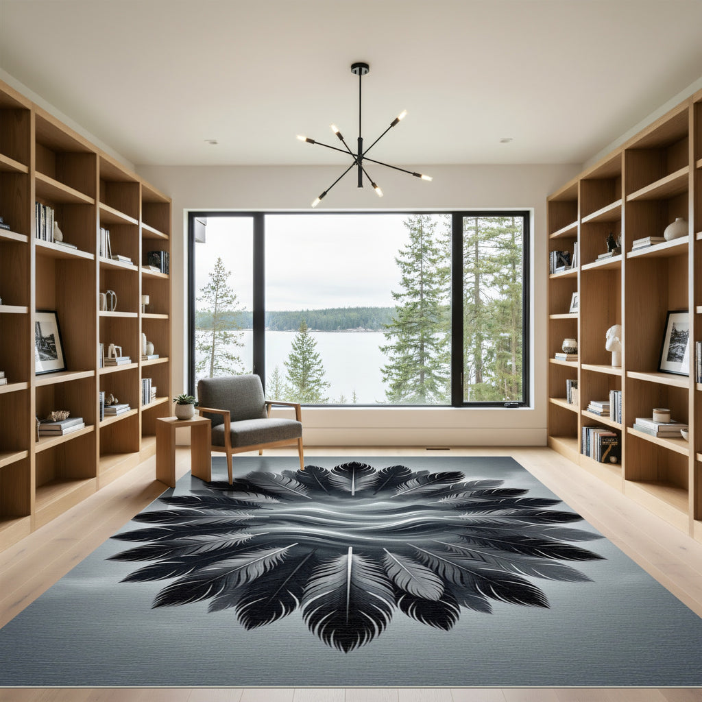 Monochrome Feather Mandala With Waves Rug