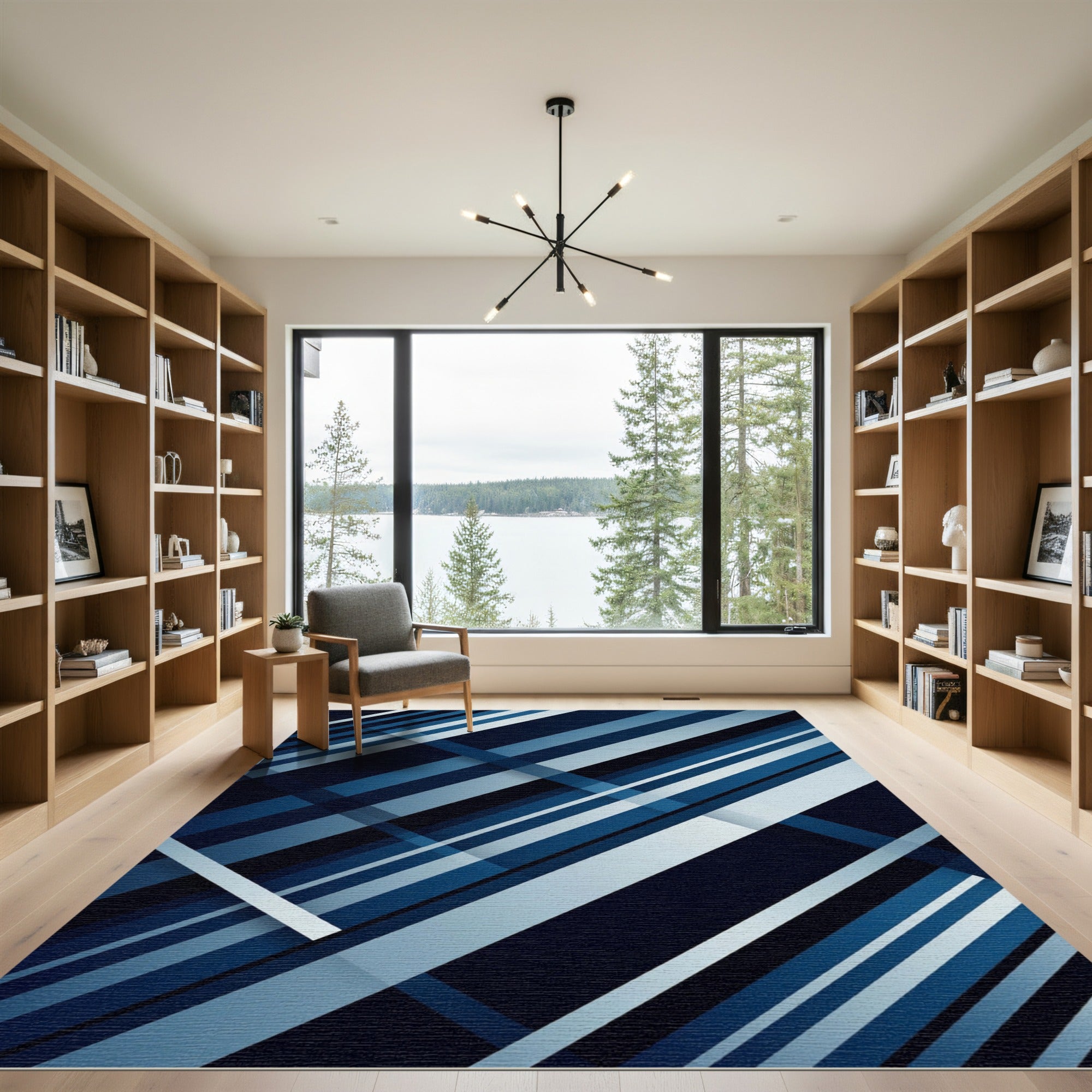 Modern Navy Angular Abstract Diagonal Stripe Rug