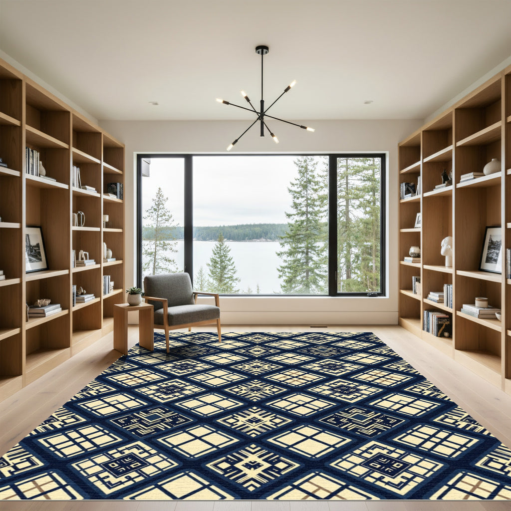 Midnight Navy Cream Geometric Grid Rug