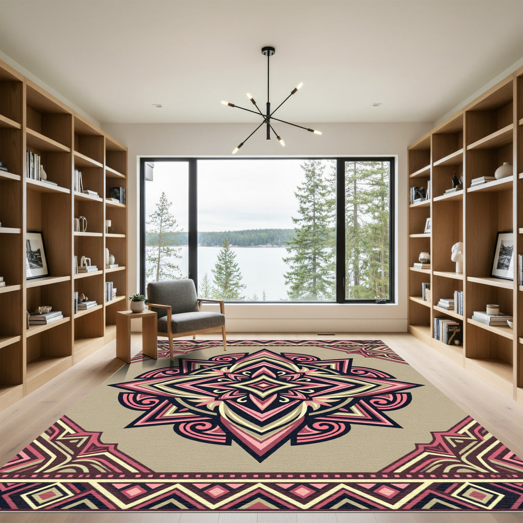 Rich Golden Pink Geometric Star Rug
