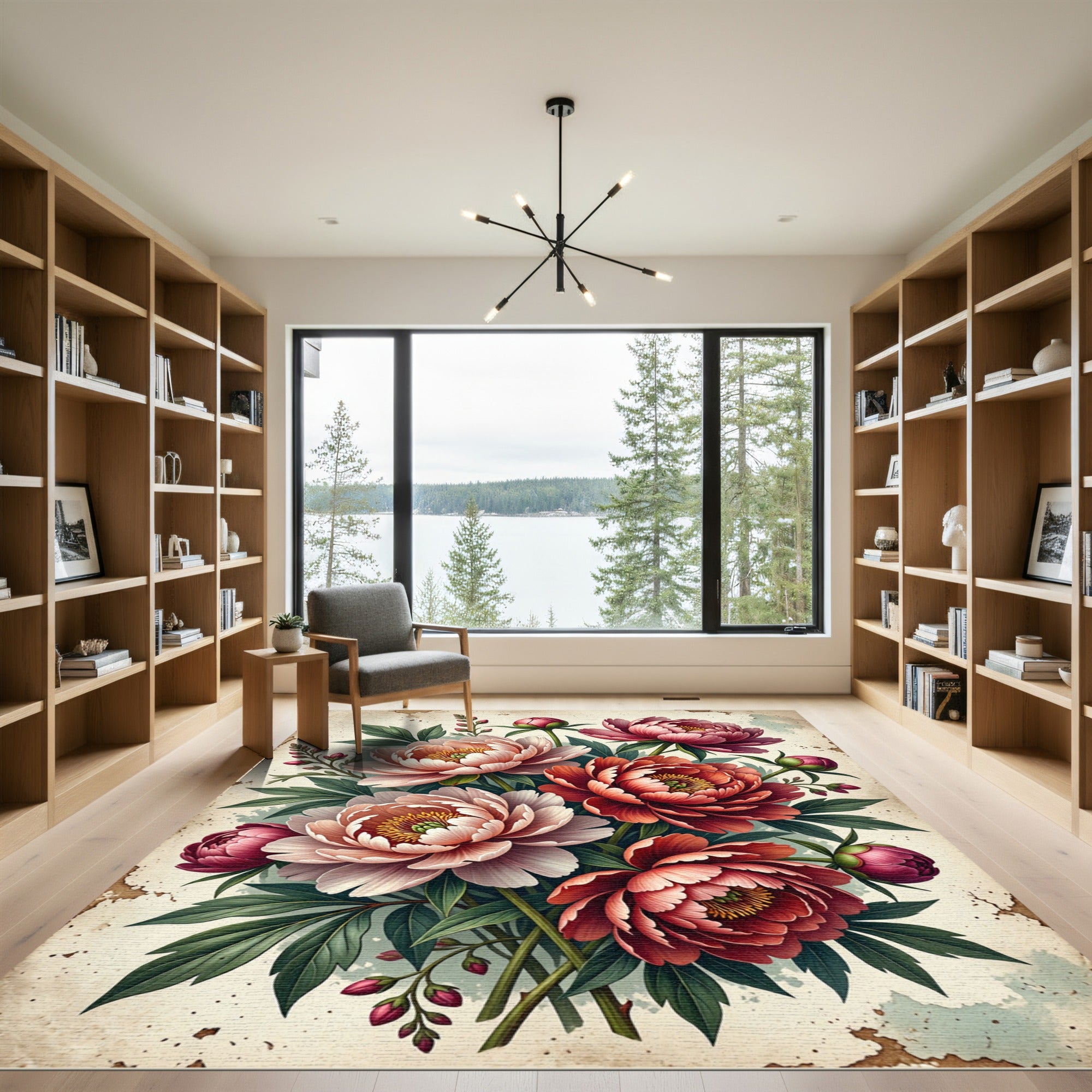 Elegant Pink Peony Floral Botanical Arrangement Rug