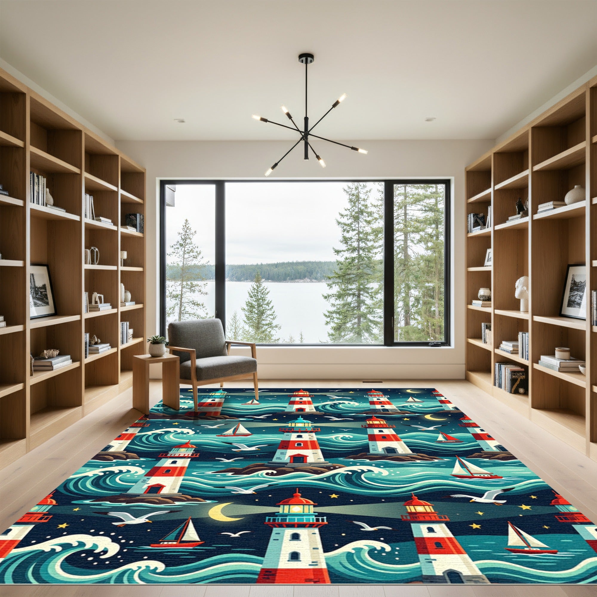 Nautical Lighthouse Nightscape with Sea Waves Rug