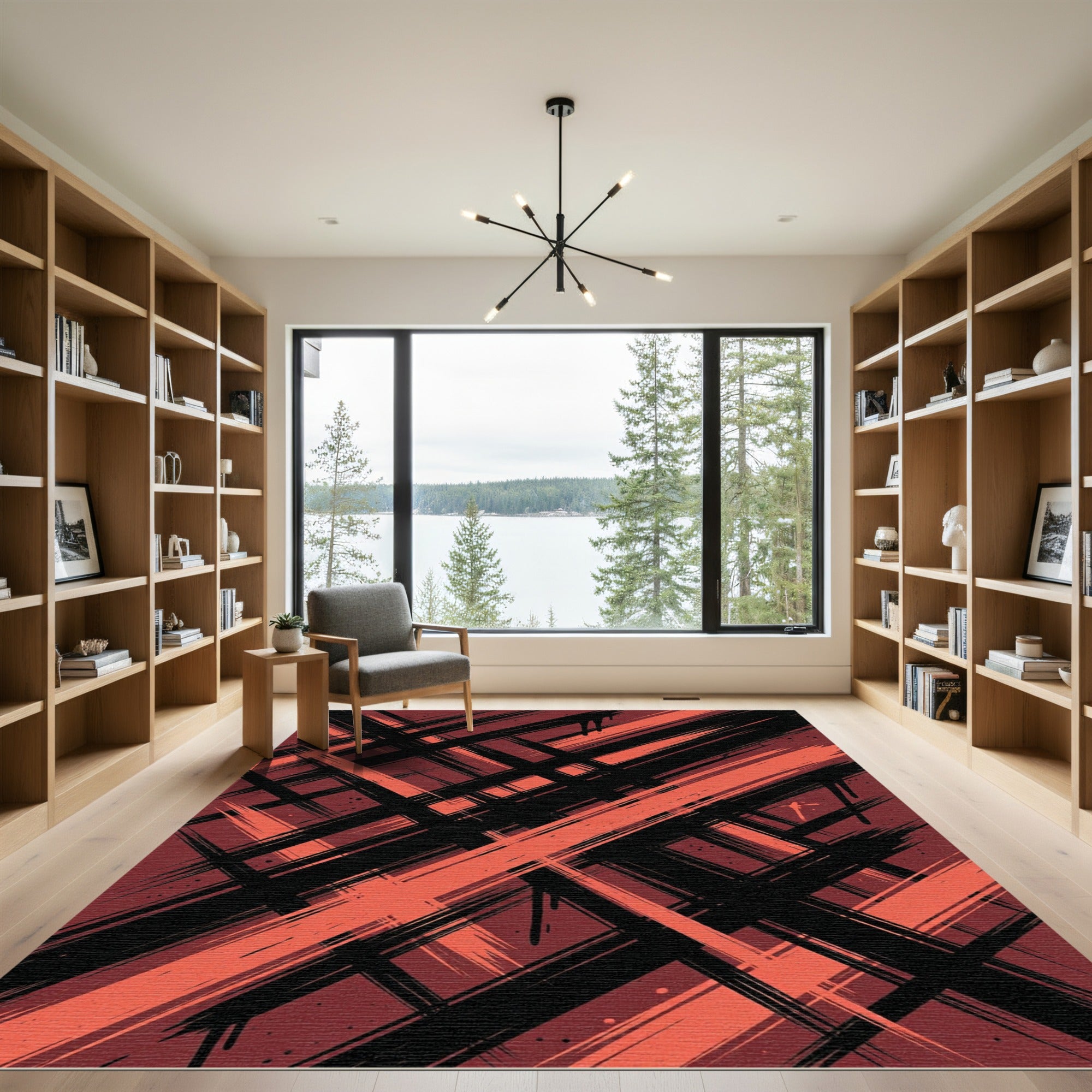 Bold Crimson Black Abstract Brush Strokes Rug