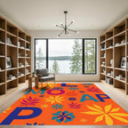 Orange Floral Medallions Blue Letters Rug
