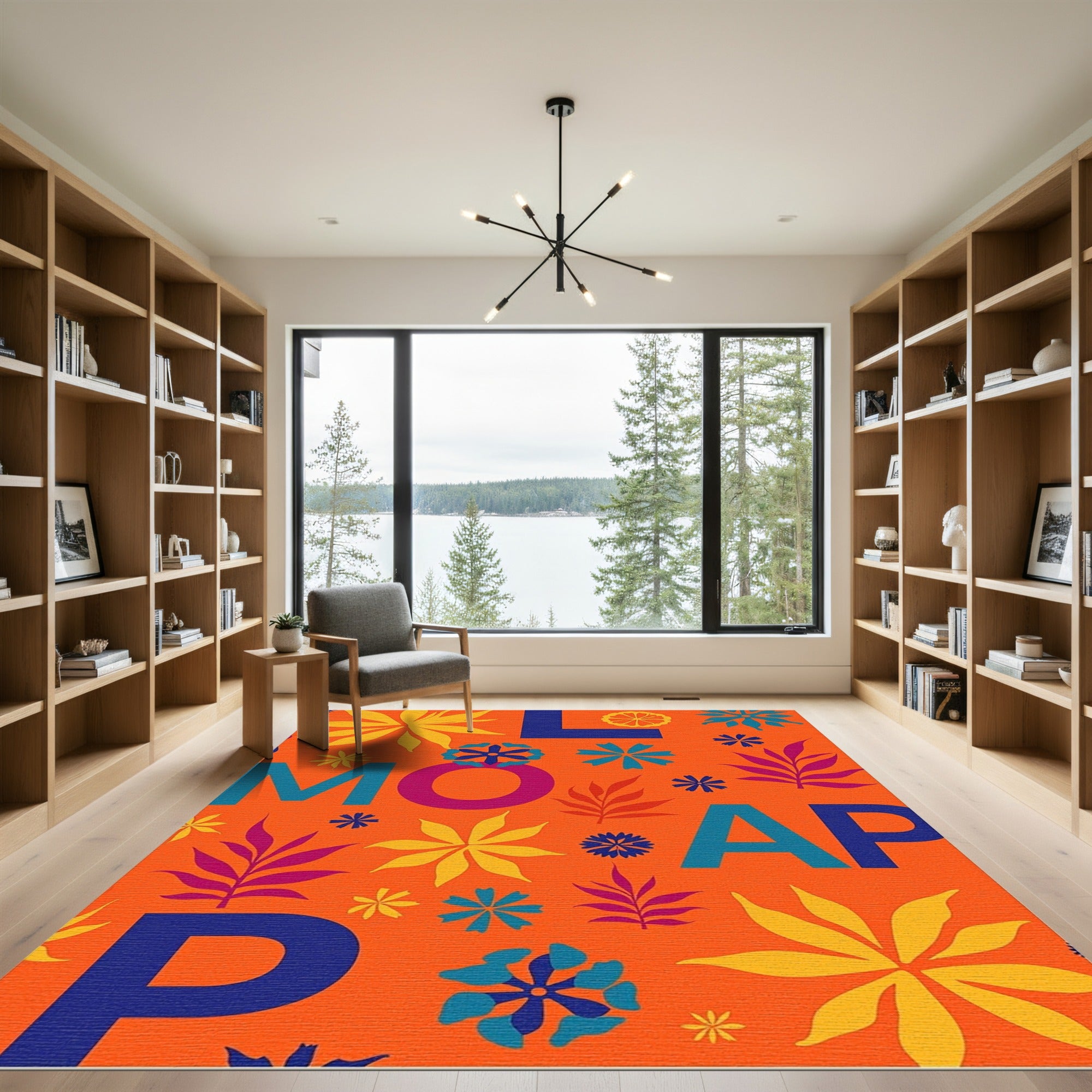 Orange Floral Medallions Blue Letters Rug
