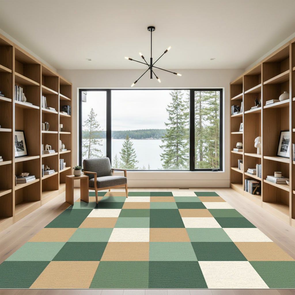 Sage and Tan Geometric Block Grid Rug