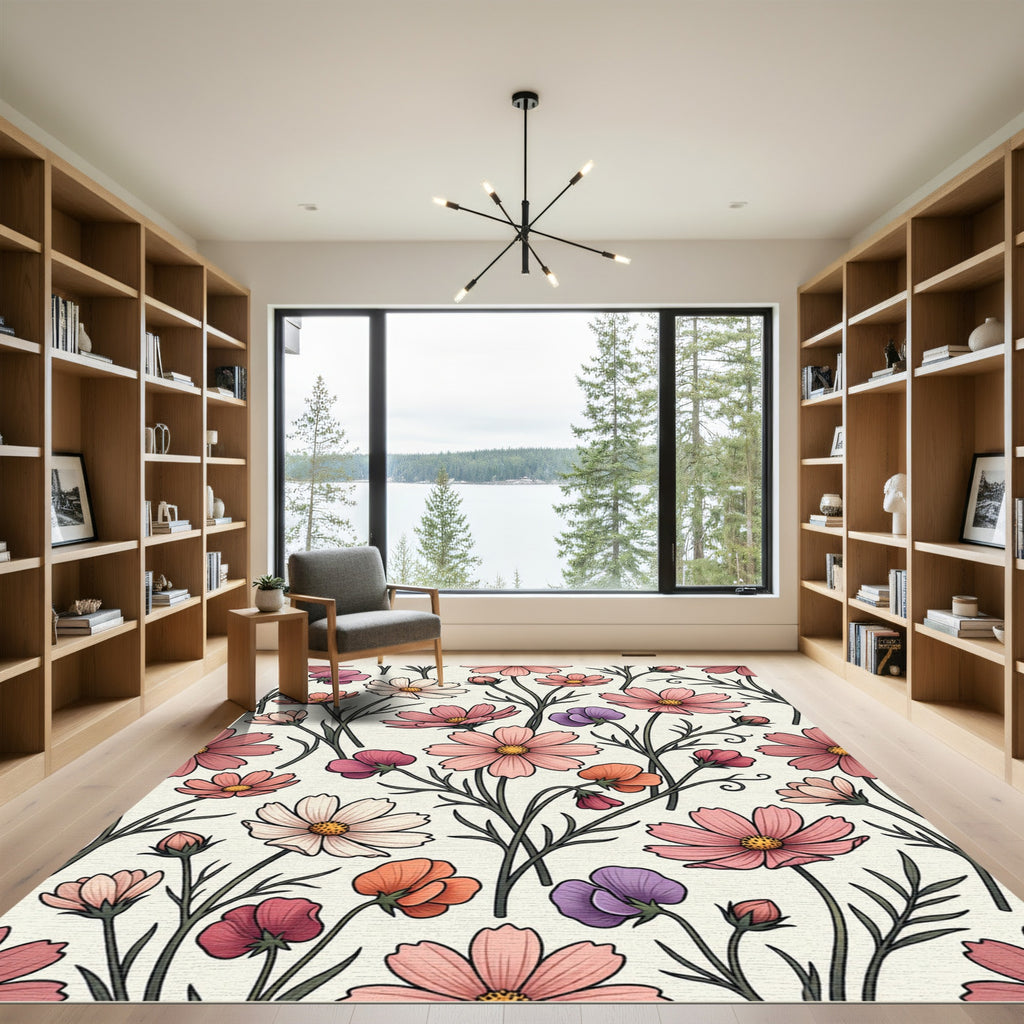 Elegant Pastel Botanical Cosmos Meadow Rug