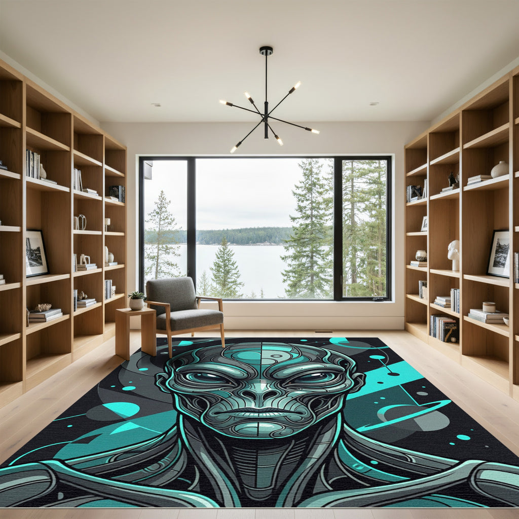Cybernetic Alien Teal Geometric Portrait Rug