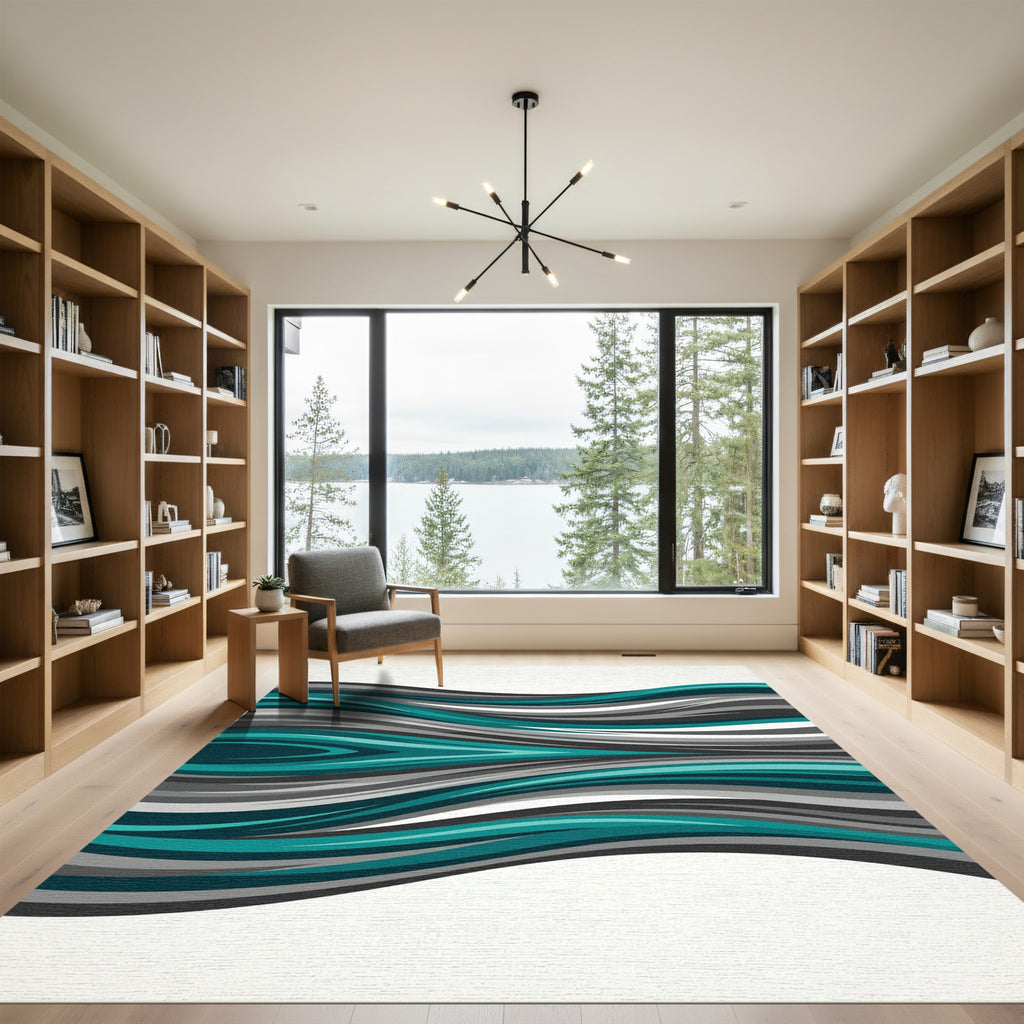 Teal and Gray Abstract Wavy Curves Rug