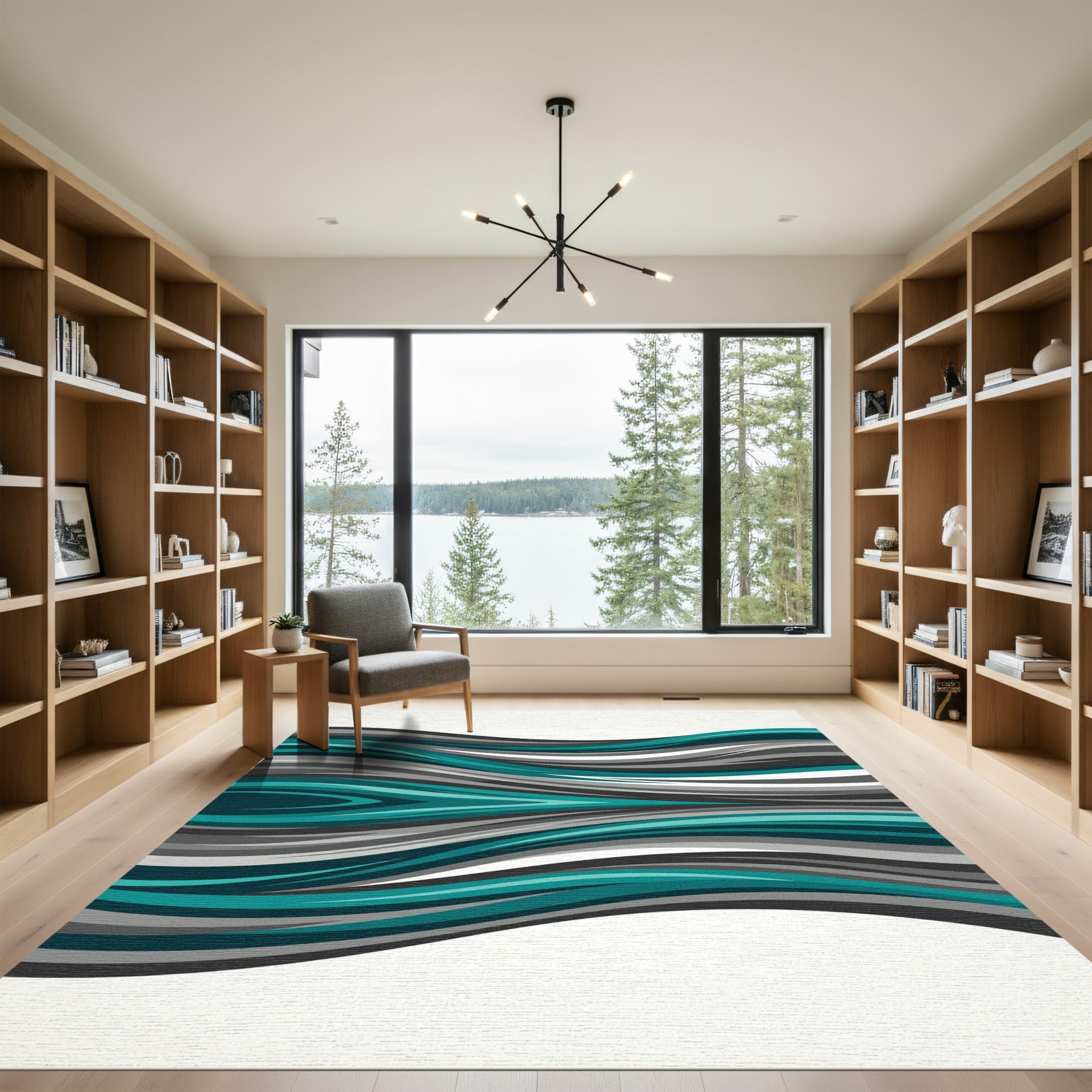 Teal and Gray Abstract Wavy Curves Rug