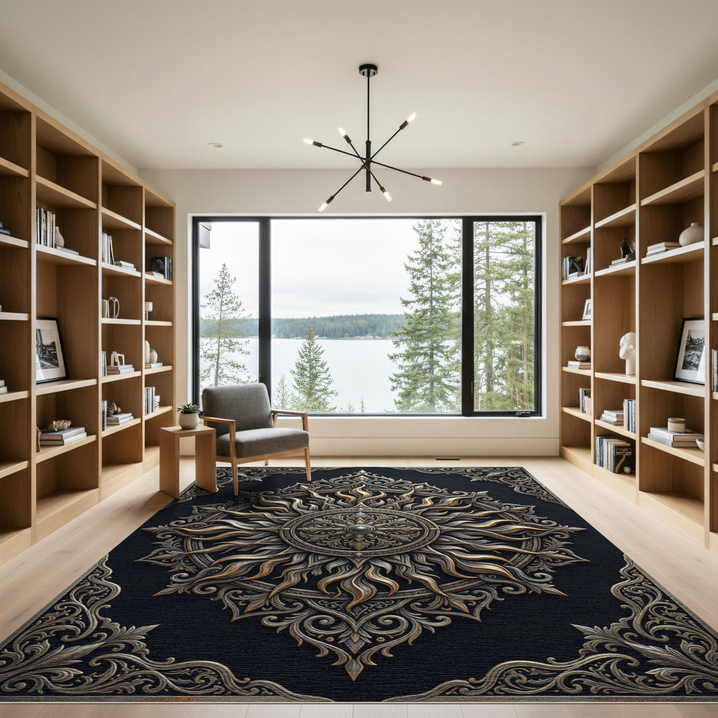 Ornate Metallic Gold Sunburst Medallion Rug