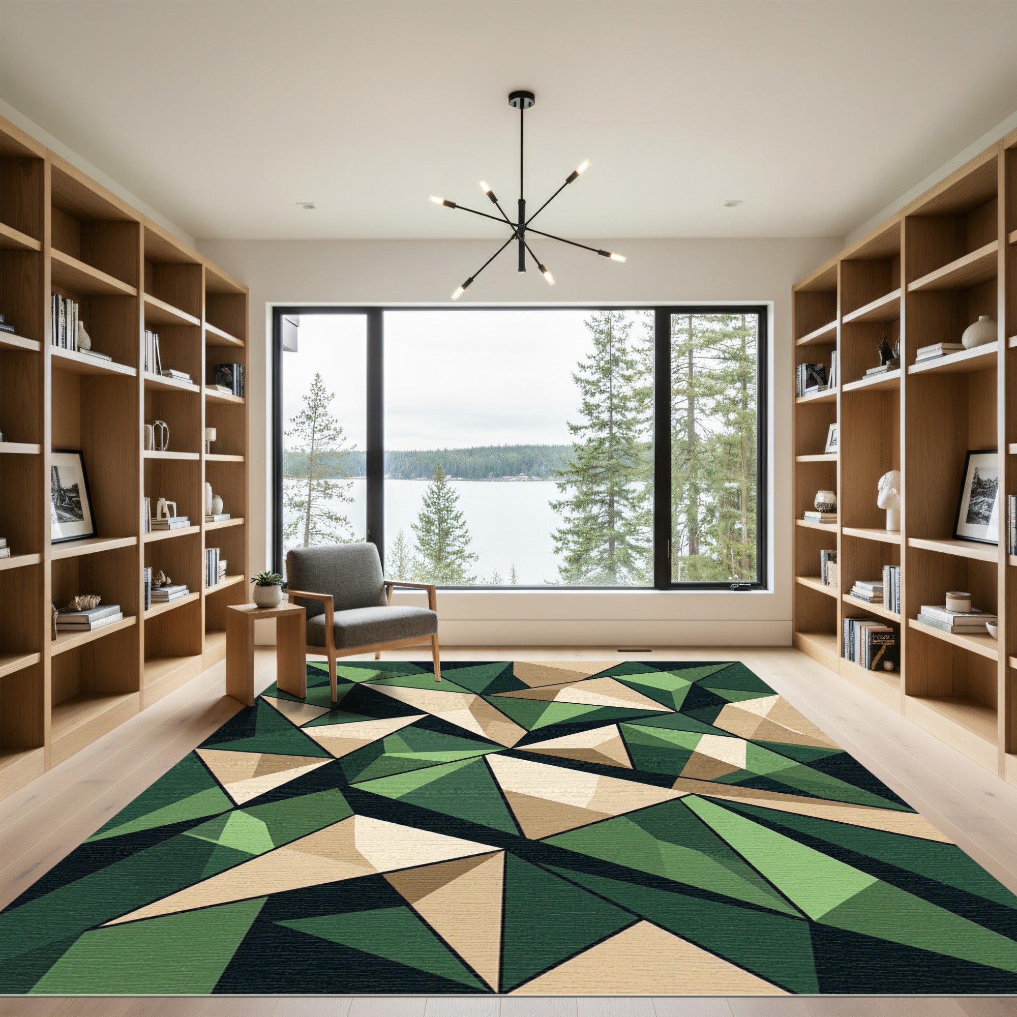 Geometric Army Green and Tan Crystal Rug