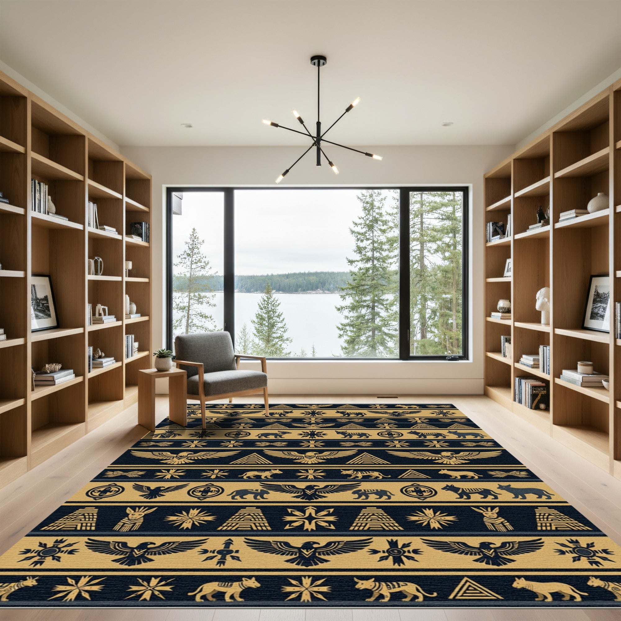 Geometric Eagle Wolf Sun Mandala Print Rug