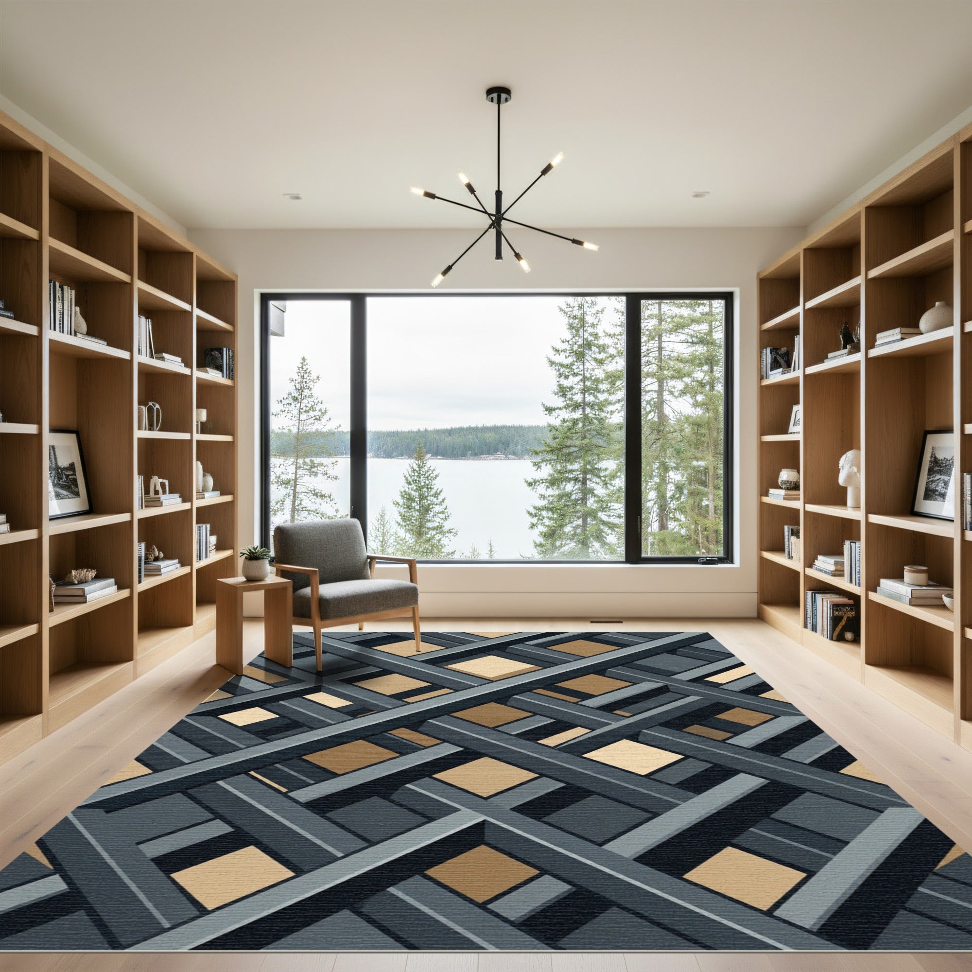 Geometric Charcoal and Gold Lattice Rug