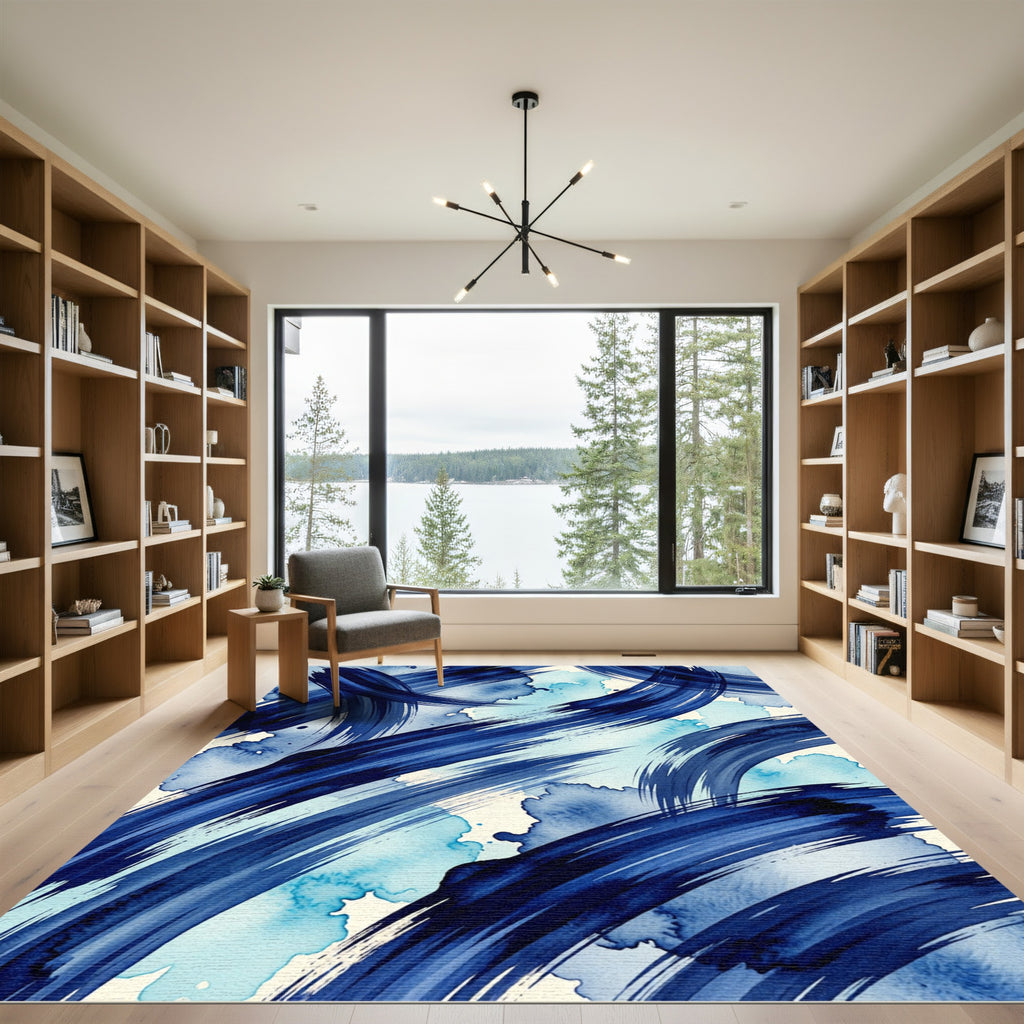 Navy Blue Abstract Fluid Brushstroke Rug